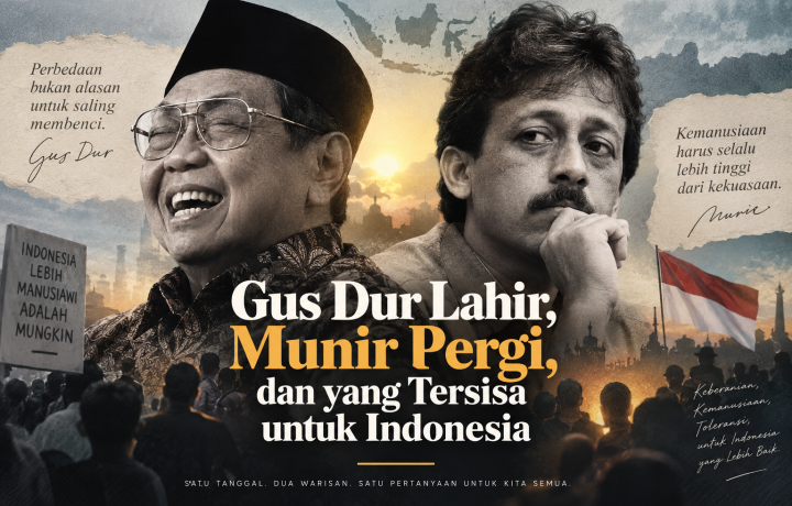 Ilustrasi Tokoh Gus Dur dan Munir, dibuat menggunakan kecerdasan buatan (AI)