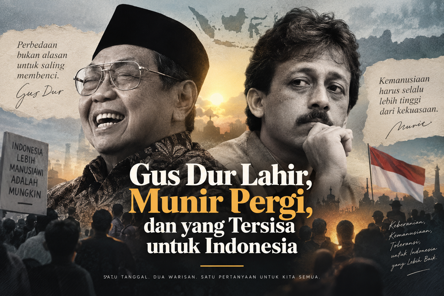 Ilustrasi Tokoh Gus Dur dan Munir, dibuat menggunakan kecerdasan buatan (AI)